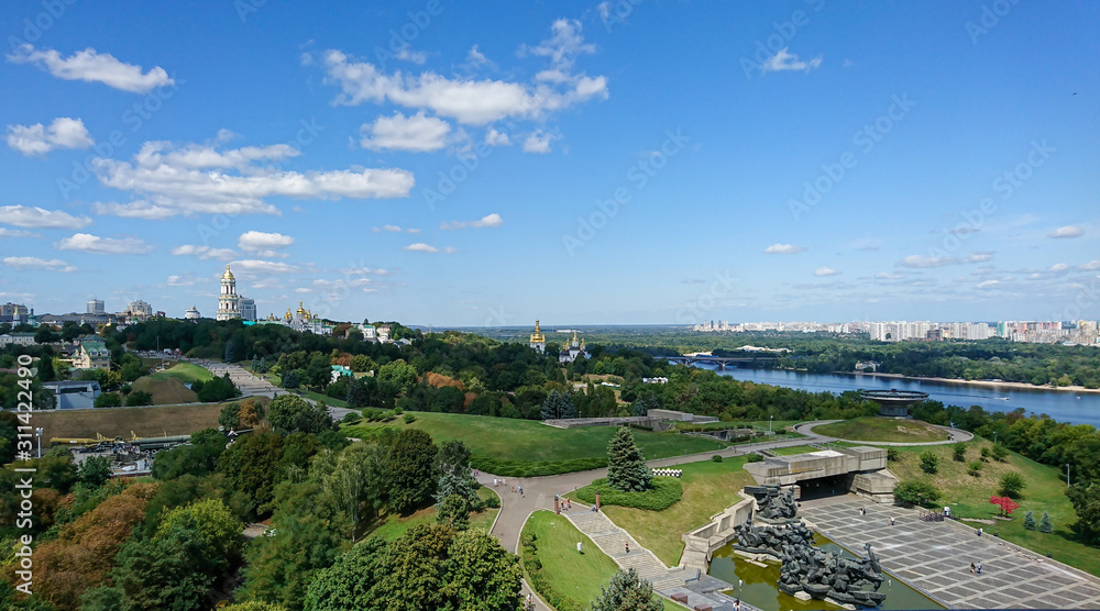 View of Kiev Lavra belfry and Dnipro river as seen from the Motherland monument 