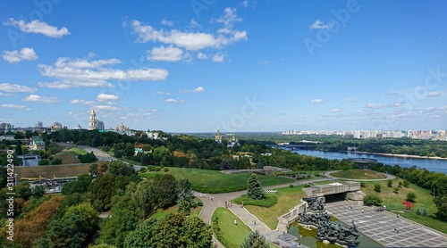 View of Kiev Lavra belfry and Dnipro river as seen from the Motherland monument 