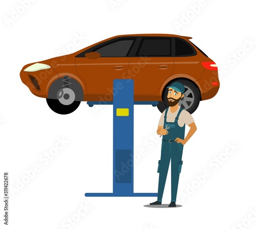 car mechanic installing sensor during suspension adjustment and automobile wheel alignment work at repair service station