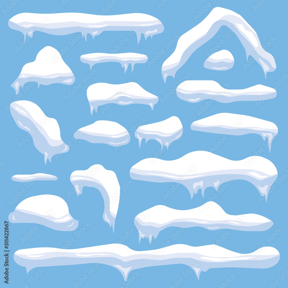 Fototapeta premium Set of snowdrifts, snow caps, icicles. Elements for Christmas decorations. Winter decor. Vector.