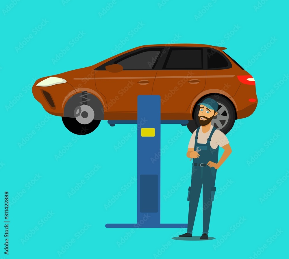 car mechanic installing sensor during suspension adjustment and automobile wheel alignment work at repair service station car mechanic installing sensor during suspension adjustment and automobile wheel alignment work at repair service station