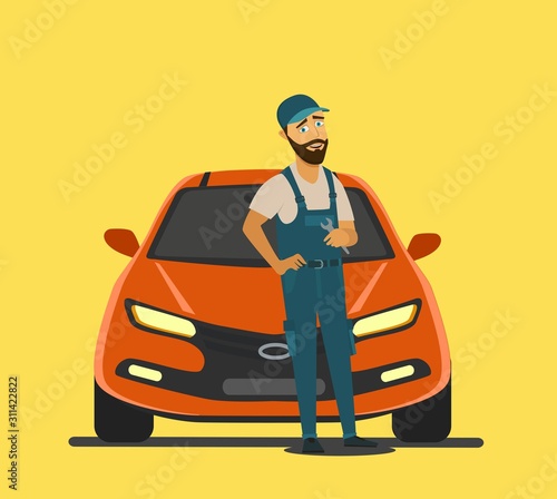 car mechanic installing sensor during suspension adjustment and automobile wheel alignment work at repair service station