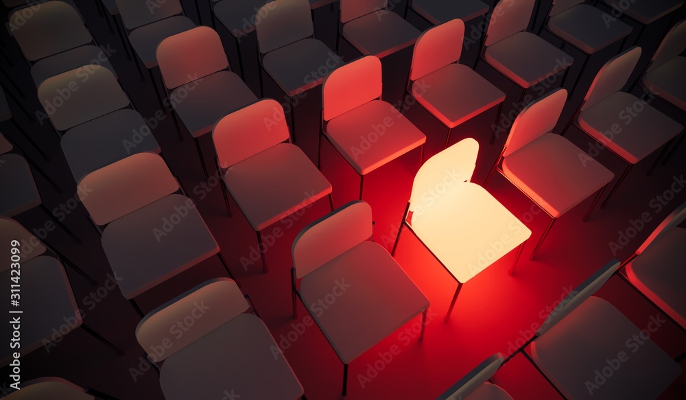 Obraz premium Concept or conceptual orange armchair standing out in a conference room as a metaphor for leadership, vision and strategy. A 3d illustration of individuality, creativity and achievement