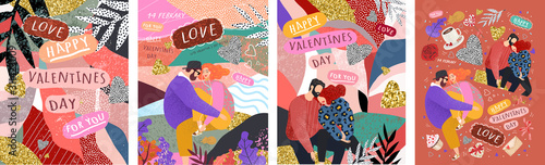 Happy Valentine's Day! Vector cute illustrations of a couple in love for background, card or poster. Abstract trendy modern print for the holiday.