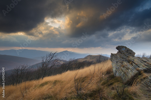 Fototapeta Naklejka Na Ścianę i Meble -  Dramatic landscape in Bieszczady National Park. Autumn in the mountains. stormy weather in the mountains