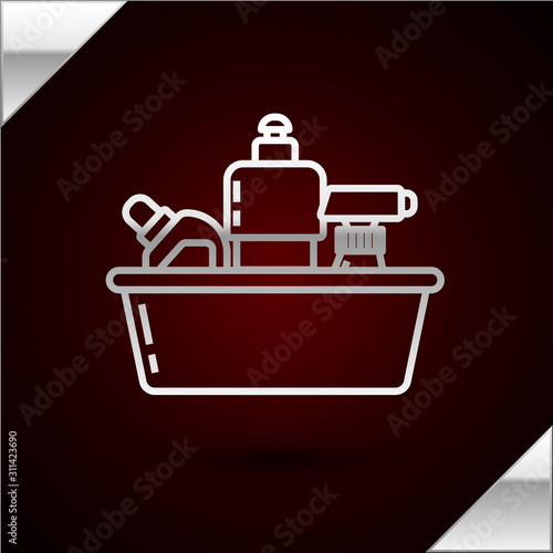 Silver line Plastic bottles for liquid laundry detergent, bleach, dishwashing liquid or another cleaning agent icon isolated on dark red background. Vector Illustration