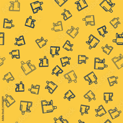 Blue line Plastic bottles for liquid laundry detergent, bleach, dishwashing liquid or another cleaning agent icon isolated seamless pattern on yellow background. Vector Illustration