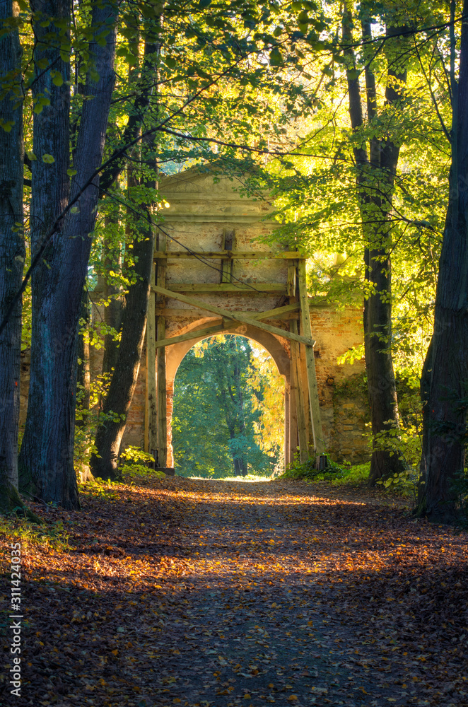 Obraz premium autumn alley in the park with the historic old gate