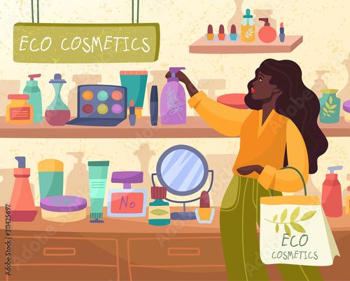 African woman shopping for Eco Cosmetics with natural ingredients in a store reaching up to a shelf for a pump bottle. Lady skincare, makeup, beauty products choice. Colorful vector illustration