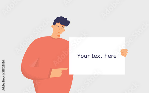Happy funny young guy holding or showing or displaying white paper or blank board or banner or poster.Inscription Your text here.Funky figures style.Hand drawn vector design illustrations