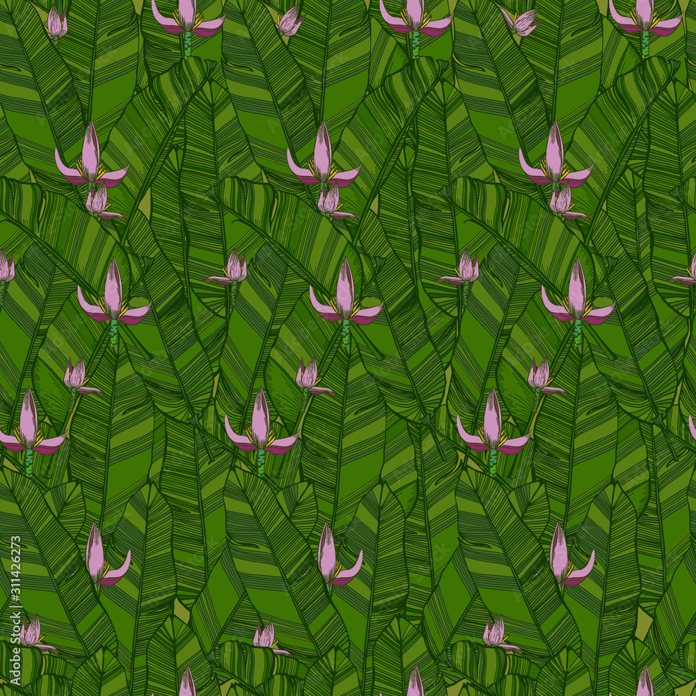 Fototapeta premium Seamless banana leaf pattern background. Black and white with draw line art illustration. Hand draw outline black leaves on white background.