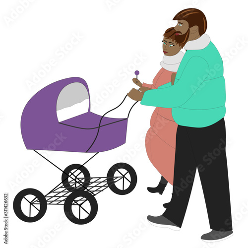 Young couple on a walk with  baby carriage. © Marina