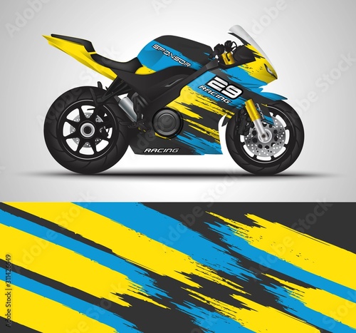 Racing motorcycle wrap decal and vinyl sticker design. Concept graphic abstract background for wrapping vehicles, motorsports, Sportbikes, motocross, supermoto and livery. Vector illustration.