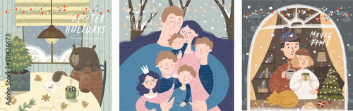 Winter cute greeting cards. Vector illustrations : animal bear in the house in the kitchen, families with mother, father and children and loving people. Drawings for happy new year and christmas
