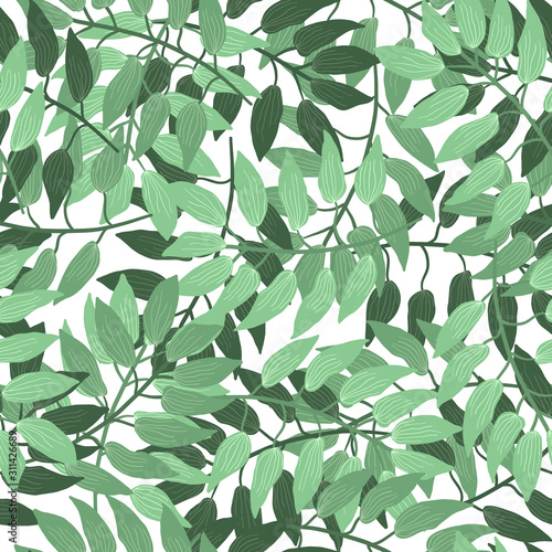 Vibrant botanical seamless pattern with cartoon overlay light and dark green leaves and branches on white background. Lovely floral texture with herbs for textile, wrapping paper, surface, wallpaper