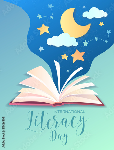 Literacy Day poster design with open book with a starry night sky with moon emanating from the pages and text below, vector illustration