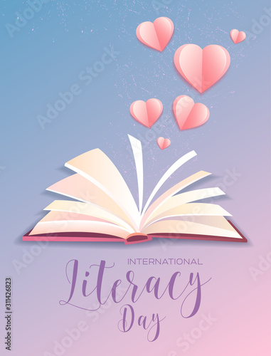 Literacy Day poster design with open book with little hearts emanating from the pages and text below, vector illustration