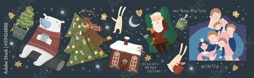 New Year and Christmas vector illustrations and objects. Cute drawings of winter animals of a polar bear, family, bunny, deer, home, Christmas tree, Santa Claus, tea and holiday gingerbread