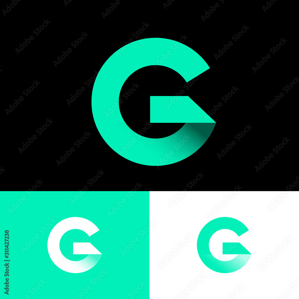 G origami monogram. Green ribbons like letter G initial. Network icon. Typography. Lettering design.