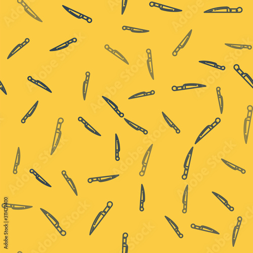 Blue line Knife icon isolated seamless pattern on yellow background. Cutlery symbol. Vector Illustration