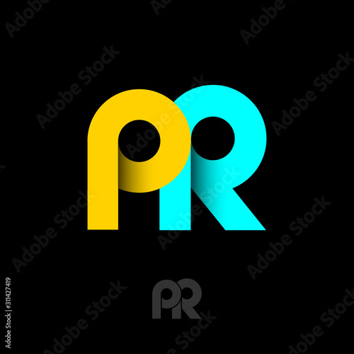 PR logo. Public relations emblem. Monogram consist of yellow and azure ribbons. Origami letters on dark background. Web, ui icon.