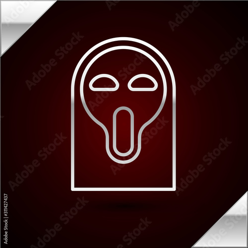 Silver line Funny and scary ghost mask for Halloween icon isolated on dark red background. Happy Halloween party. Vector Illustration