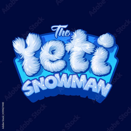 Yeti logo. Snowman sign. White fur letters. Funny, baby icon for game or cartoon cartoon movie. Symbol for kids or toys.