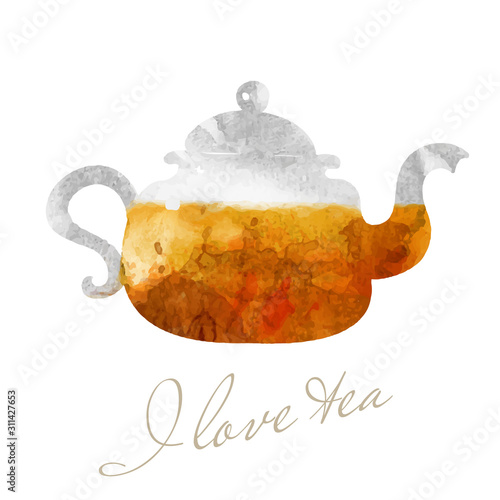 Teapot illustration. Cafe and tea bar picture. Glassy teapot with tea watercolor picture.
