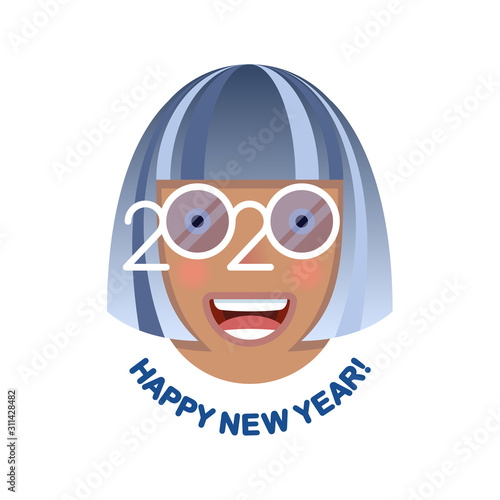 Cheerful smiling gray-haired woman in blue glasses - a symbol of the upcoming 2020. Happy new year!