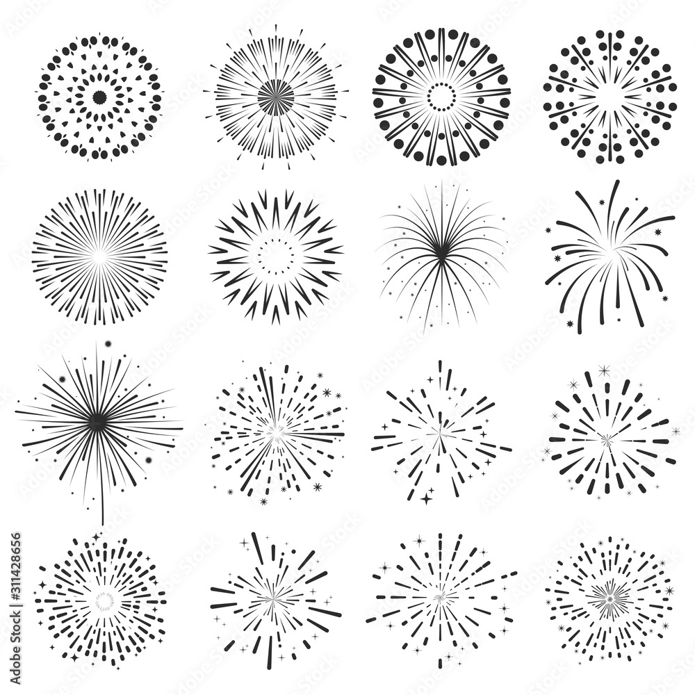 Set of fireworks icons. Holiday, festival, party. Celebrating New Year. Bright flashes. The explosion of Petard. Vector.