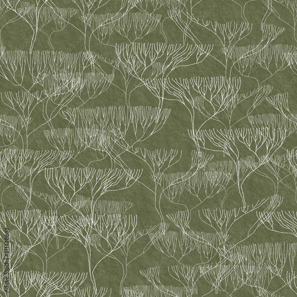 Fototapeta premium Seamless graphic texture of the paper. Texture with hand drawn trees. Japanese minimalist design. Vintage print. Packaging, clothing, Wallpaper, greeting cards, wedding invitation template. 
