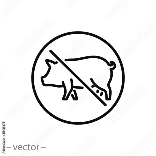 pork ban icon, no pig meat sign, forbiden thin line symbol on white background - editable stroke vector illustration eps10