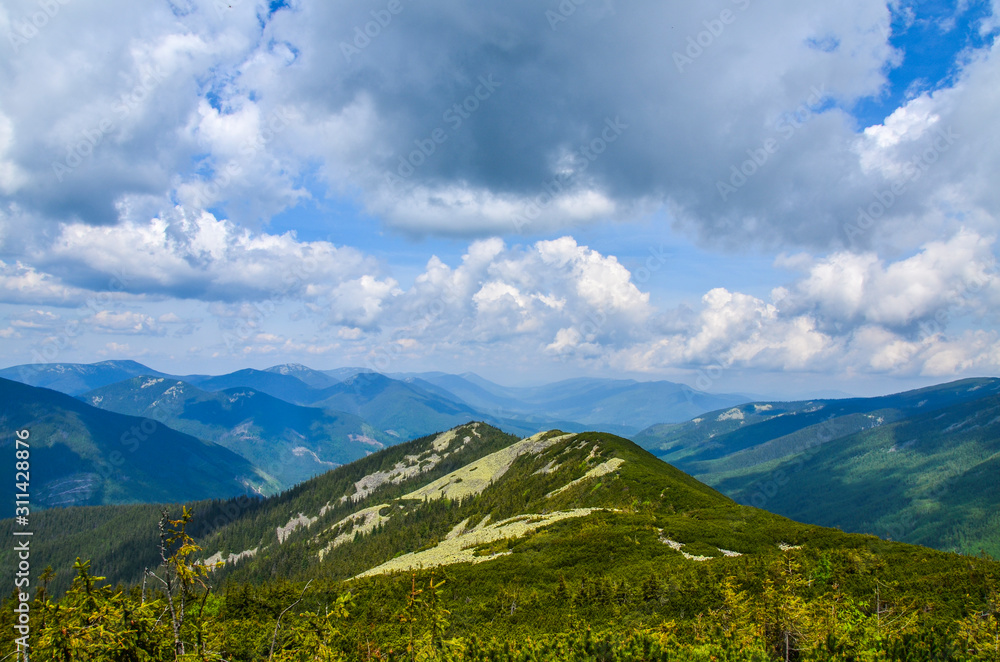 Carpathians mountain landscape in cloudy day, Gorgany, Ukraine