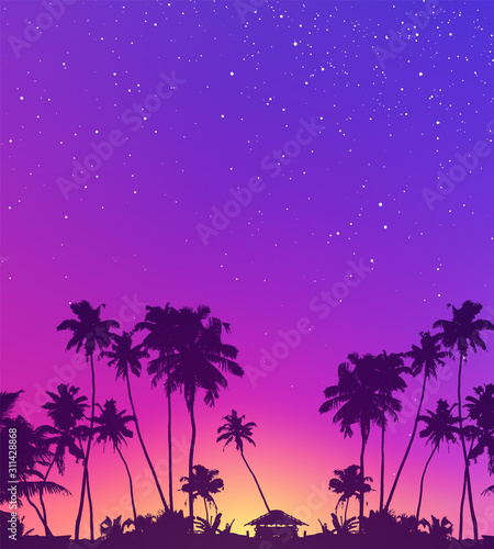 Violet starry sky and palm trees dark silhouettes vector tropic sunset background