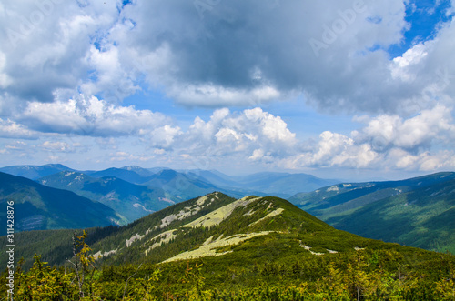 Carpathians mountain landscape in cloudy day, Gorgany, Ukraine