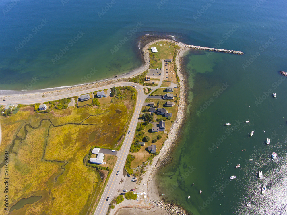 Rye Harbor aerial view in Rye Harbor State Park in town of Rye, New Hampshire NH, USA.