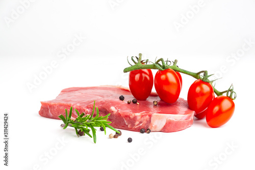 tomatoes and meat isolated on white