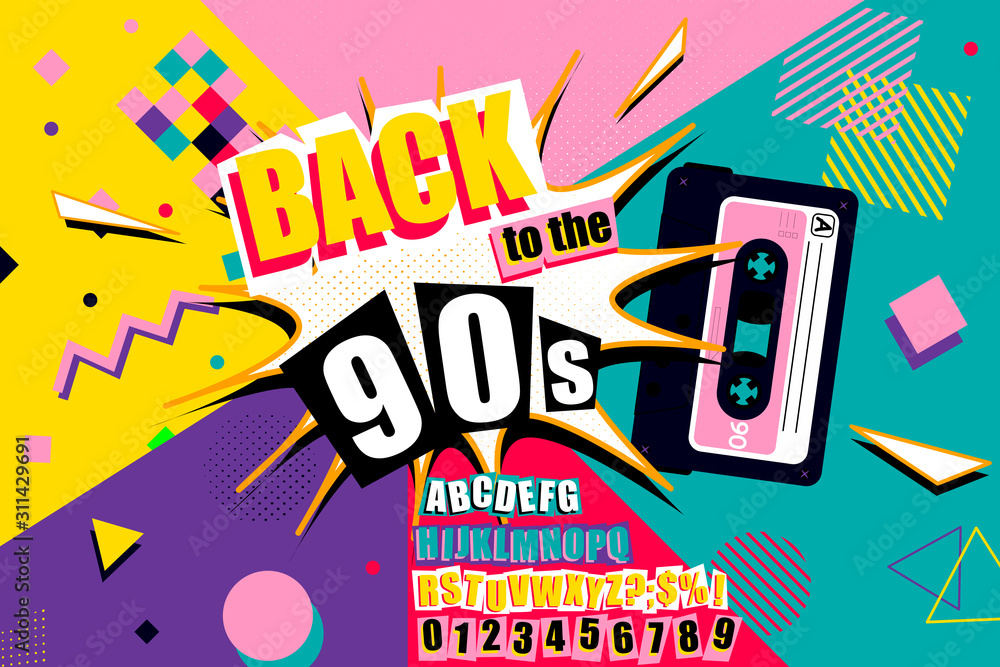 Vettoriale Stock Colourful back to the 90s poster design with burst effect,  old audio cassette tape, alphabet and numbers on a vivid geometric  background, vector illustration | Adobe Stock