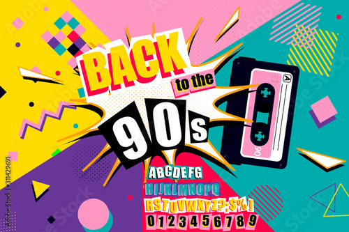 Colourful back to the 90s poster design with burst effect, old audio cassette tape, alphabet and numbers on a vivid geometric background, vector illustration photo