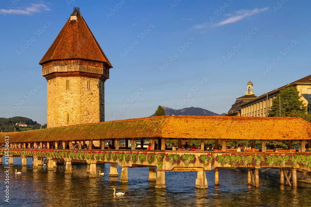 Kapellbrucke Chapel covered Bridge and Water Tower in Luzern, Sw