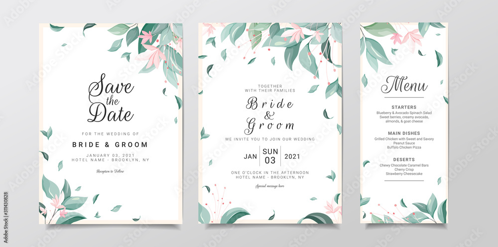 Set of cards with leaves. Greenery wedding invitation card template set with floral frame. Elegant leaves fall illustration for save the date, invitation, greeting card, poster vector