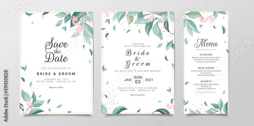 Set of cards with leaves. Greenery wedding invitation card template set with floral frame. Elegant leaves fall illustration for save the date, invitation, greeting card, poster vector