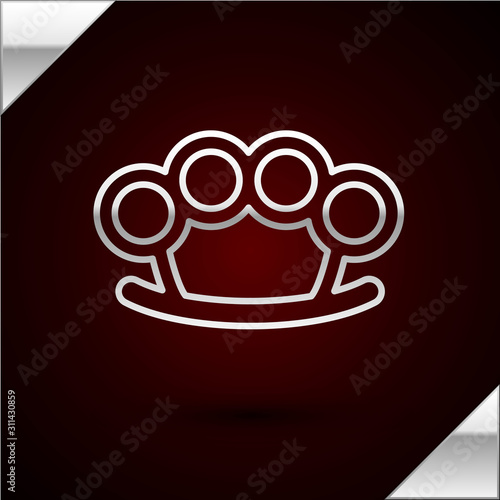 Silver line Brass knuckles icon isolated on dark red background. Vector Illustration