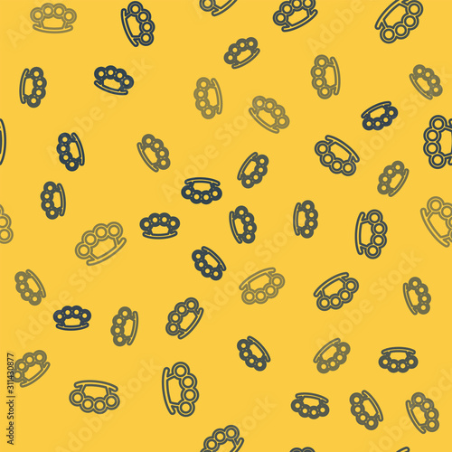 Blue line Brass knuckles icon isolated seamless pattern on yellow background. Vector Illustration