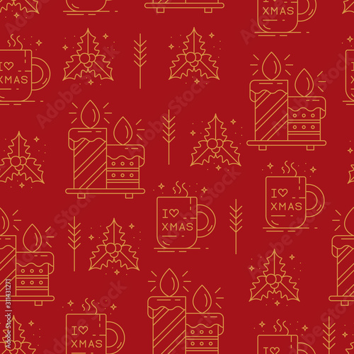 Simple seamless christmas sale pattern vector illustrations. gold outlines on red background