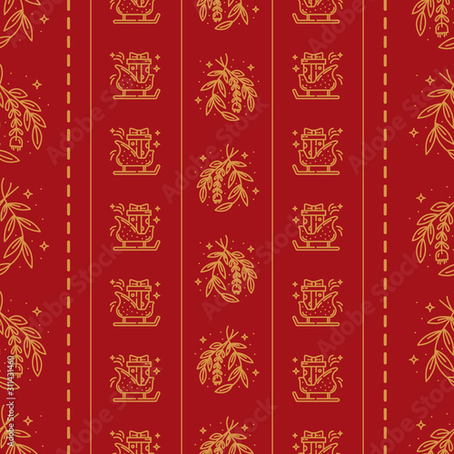 Simple seamless christmas sale pattern vector illustrations. gold outlines on red background