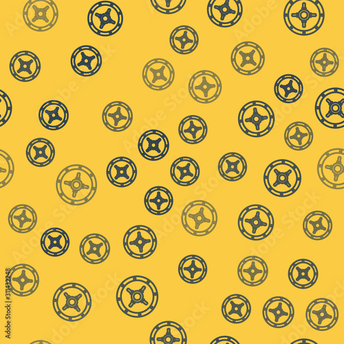 Blue line Safe icon isolated seamless pattern on yellow background. The door safe a bank vault with a combination lock. Reliable Data Protection. Vector Illustration