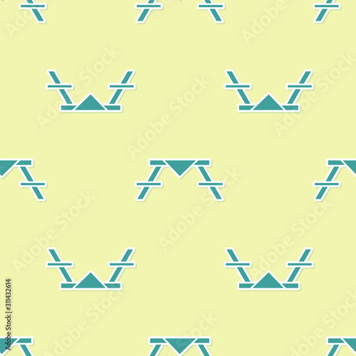 Green Picnic table with benches on either side of the table icon isolated seamless pattern on yellow background.  Vector Illustration