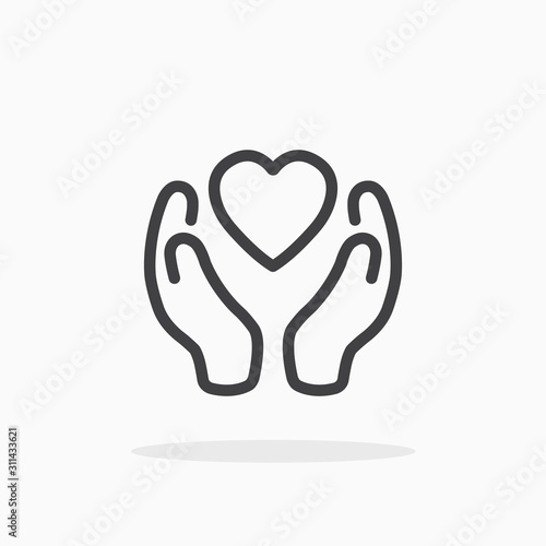 Heart in hand icon in line style. Editable stroke.