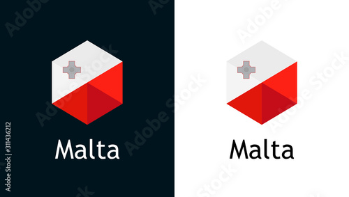 Malta flag in flat minimalism style on white and black, Vector Logo for Travel, Sport or Elections decoration. Creative illustration with caption fit into national design.